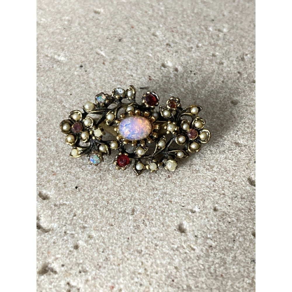 Vintage Antiqued Gold Tone Floral Brooch Faux Pearl Opal Rhinestone Bar Small